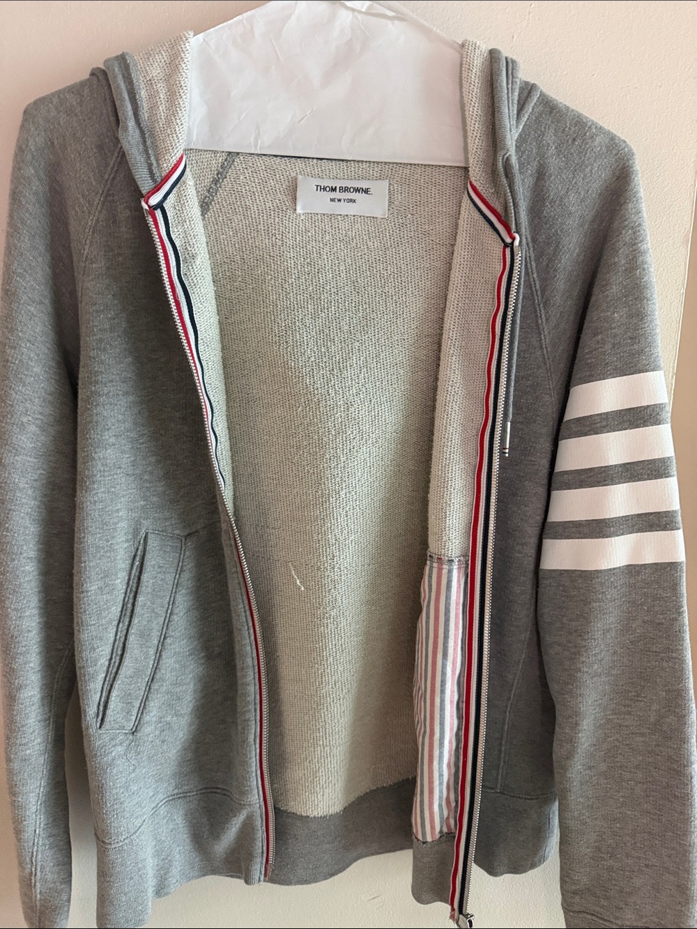 Thom Browne Grey Zip-Up Hoodie with Signature Sleeve Stripes